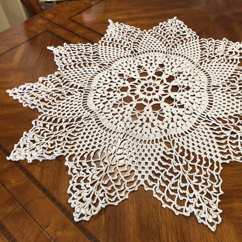 Light gray vintage lace hand crochet cotton doily 30"